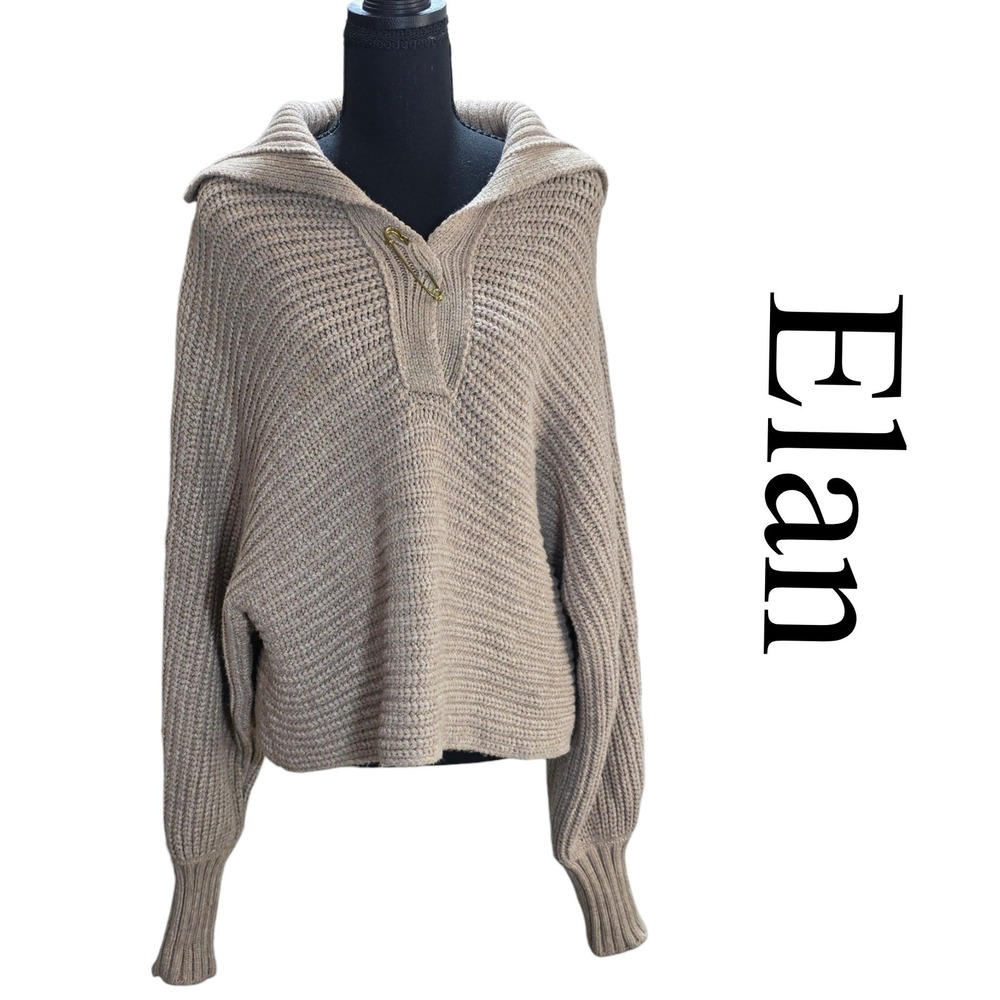 Elan Sweater Women S Taupe Acrylic Blend Chunky Knit Oversized Safety Pin Boho